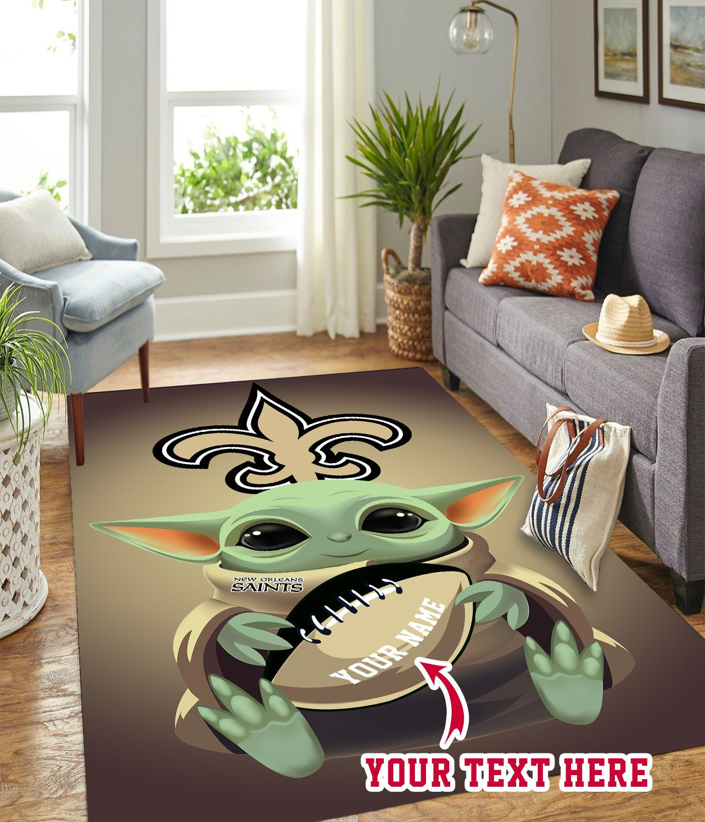 Baby Yoda New Orleans Saints Personalized Custom Rectangle Area Rug – Full Print Carpet For Living Room & Bedroom Home Decor