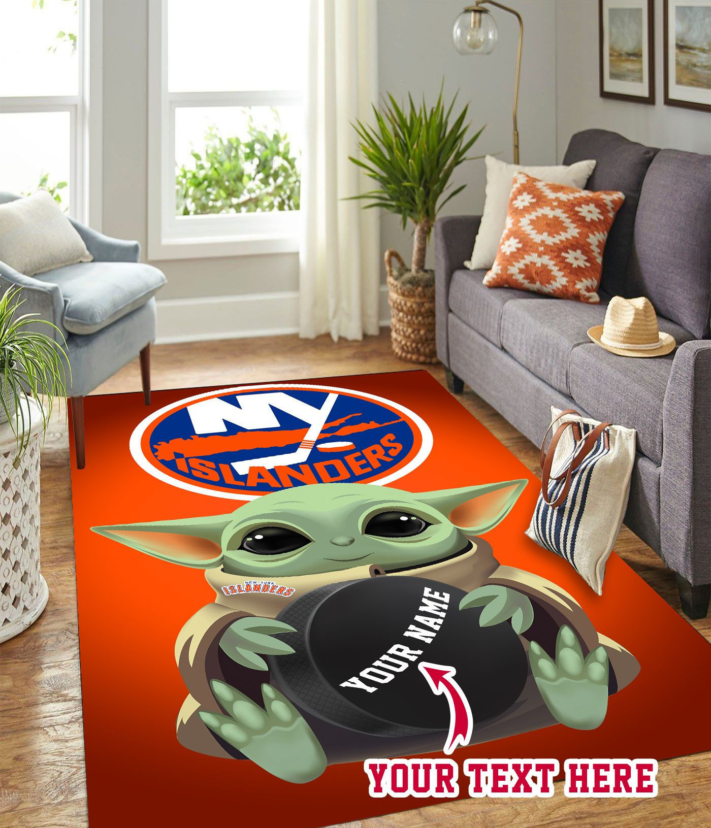 Baby Yoda New York Islanders Personalized Custom Rectangle Area Rug – Full Print Carpet For Living Room & Bedroom Home Decor