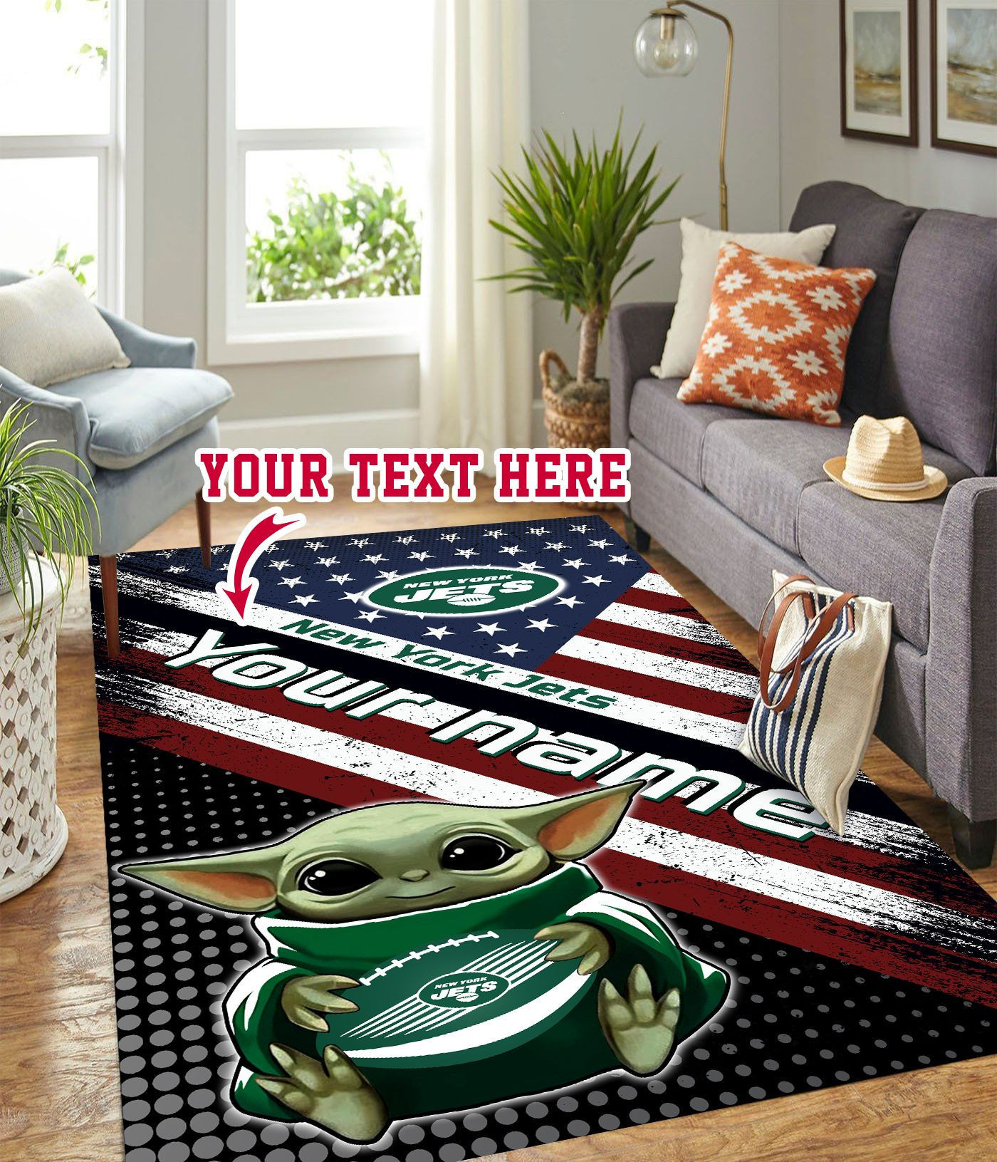 Baby Yoda New York Jets Personalized Custom Rectangle Area Rug – Full Print Carpet For Living Room & Bedroom Home Decor