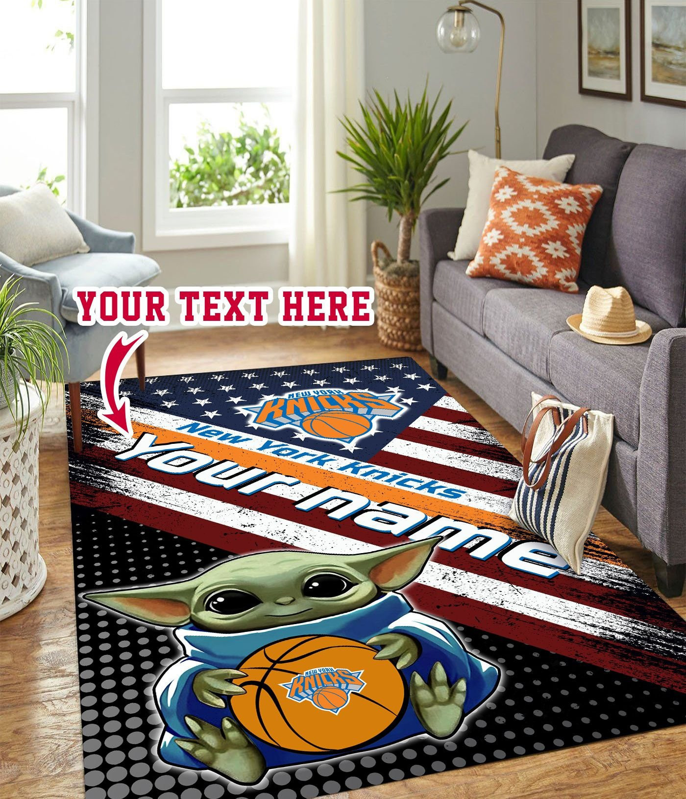 Baby Yoda New York Knicks Personalized Custom Rectangle Area Rug – Full Print Carpet For Living Room & Bedroom Home Decor