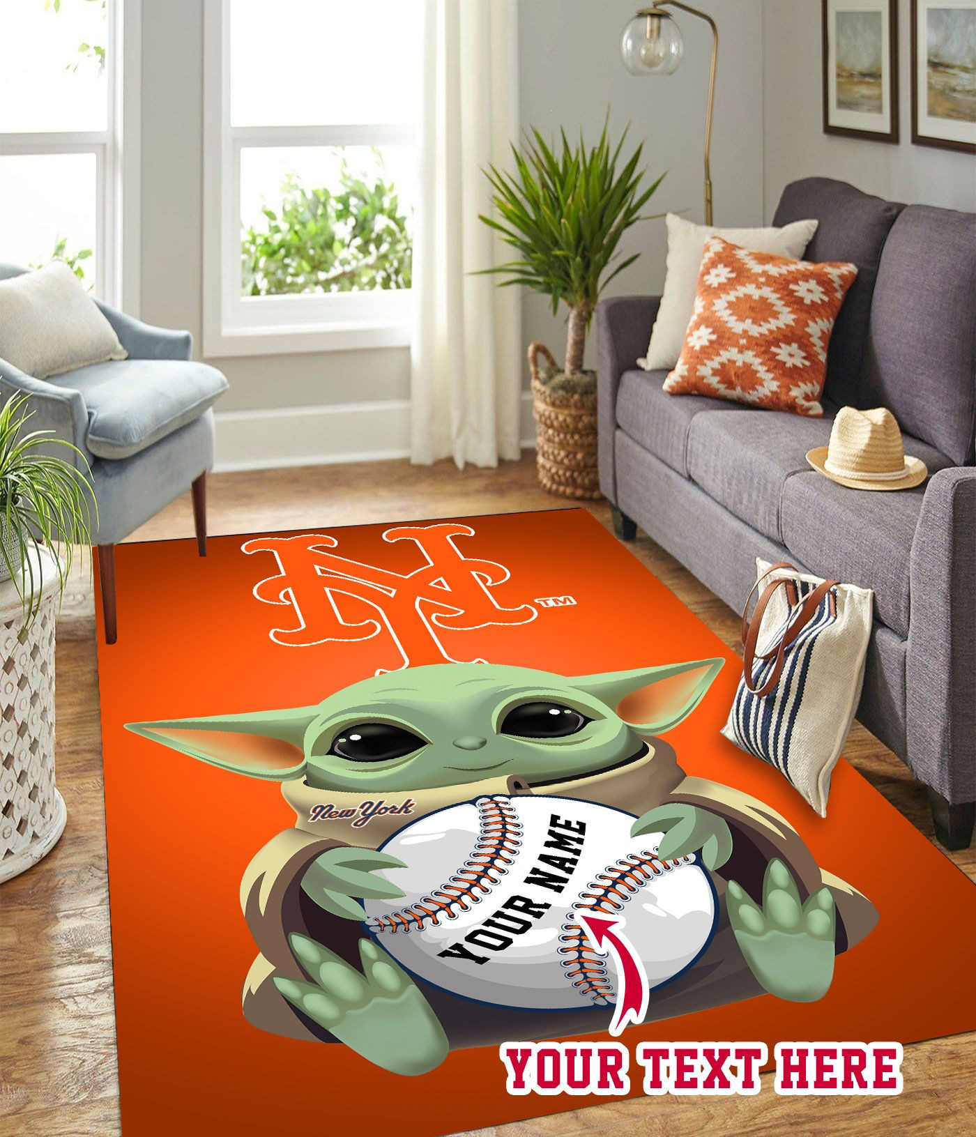 Baby Yoda New York Mets O Personalized Custom Rectangle Area Rug – Full Print Carpet For Living Room & Bedroom Home Decor