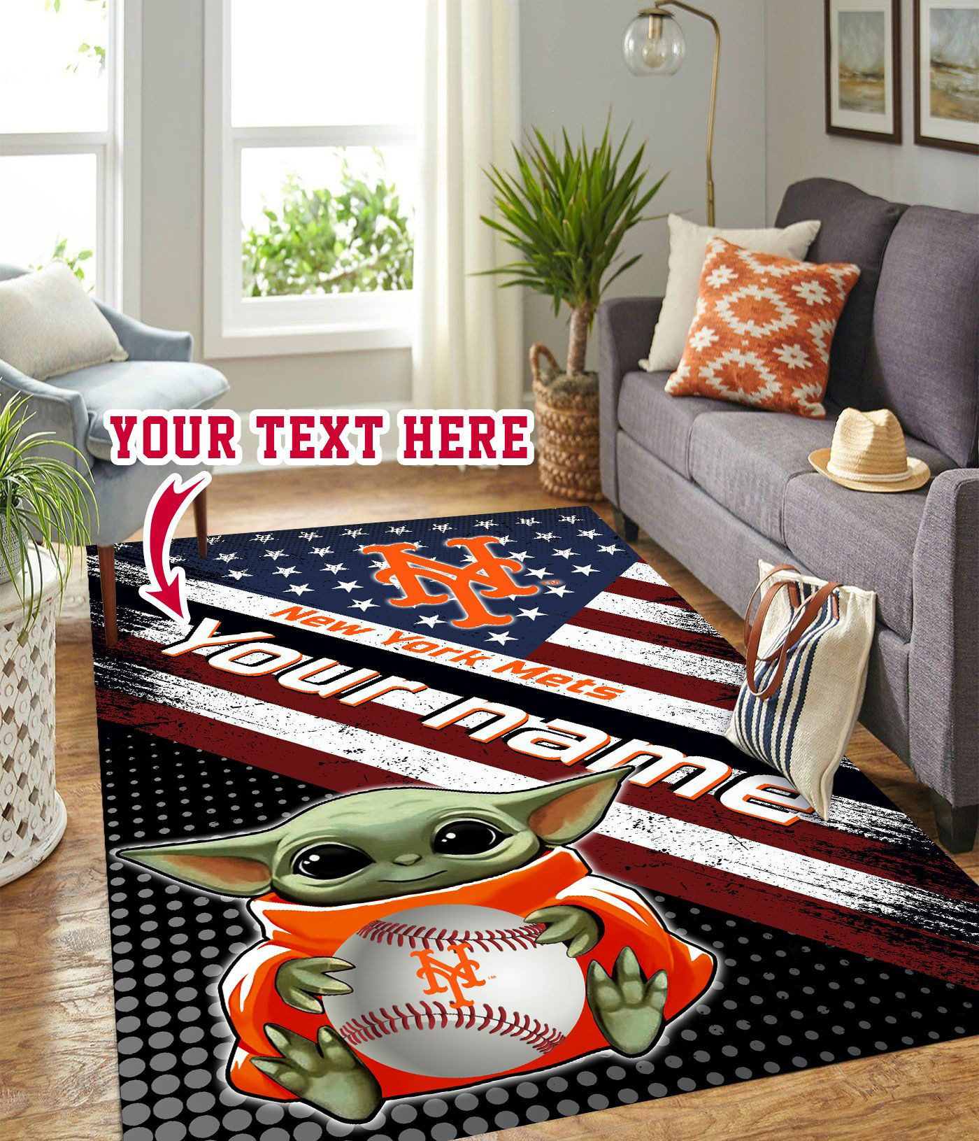 Baby Yoda New York Mets Personalized Custom Rectangle Area Rug – Full Print Carpet For Living Room & Bedroom Home Decor