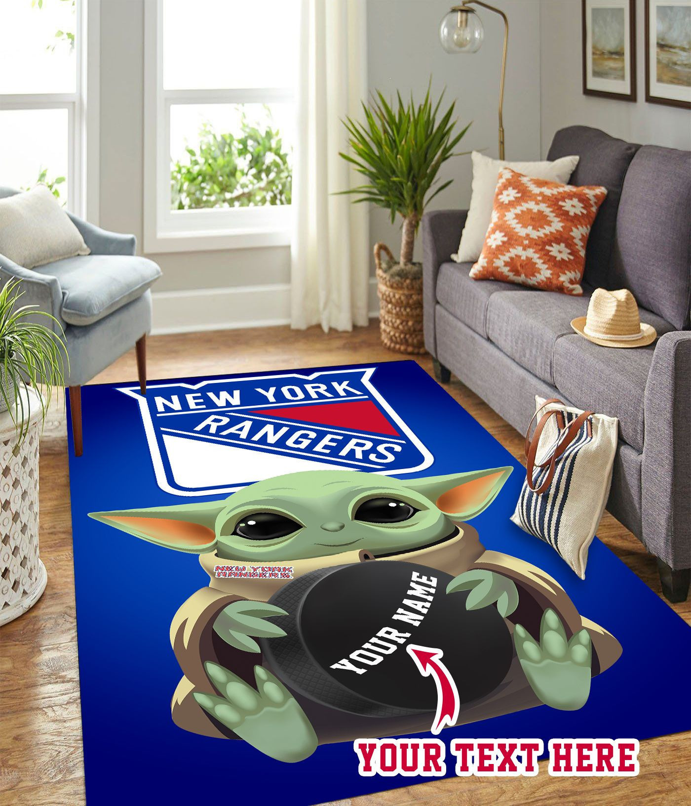 Baby Yoda New York Rangers Personalized Custom Rectangle Area Rug – Full Print Carpet For Living Room & Bedroom Home Decor