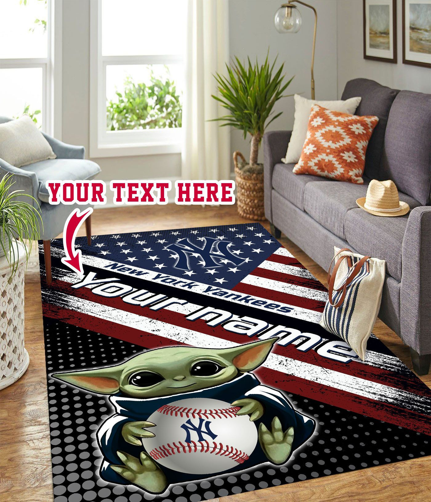 Baby Yoda New York Yankees Personalized Custom Rectangle Area Rug – Full Print Carpet For Living Room & Bedroom Home Decor