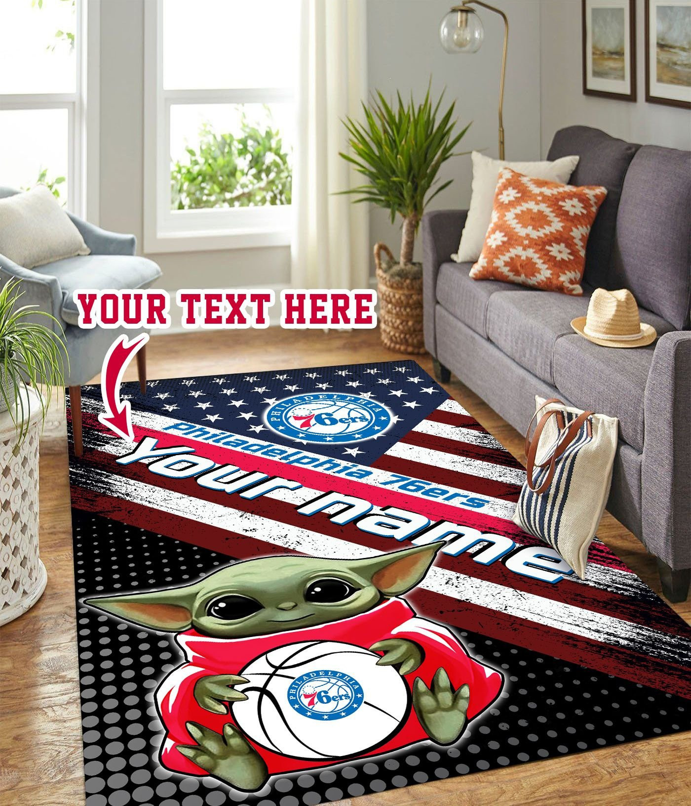 Baby Yoda Philadelphia 76ers Personalized Custom Rectangle Area Rug – Full Print Carpet For Living Room & Bedroom Home Decor