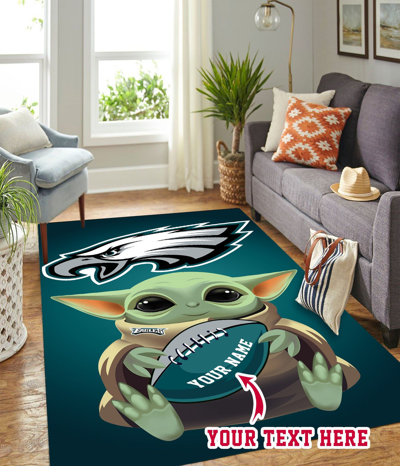 Baby Yoda Philadelphia Eagles Personalized Custom Rectangle Area Rug – Full Print Carpet For Living Room & Bedroom Home Decor
