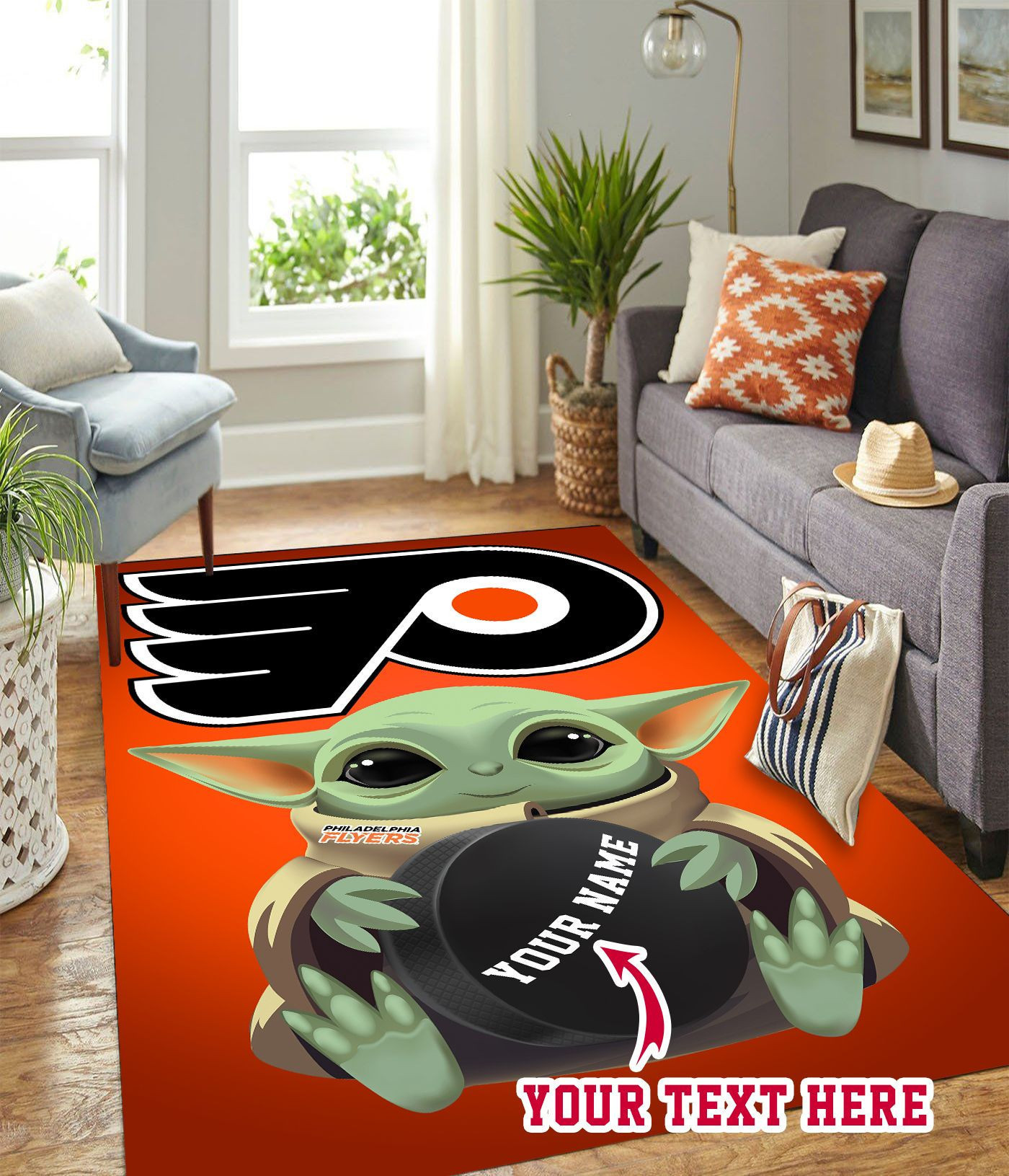Baby Yoda Philadelphia Flyers Personalized Custom Rectangle Area Rug – Full Print Carpet For Living Room & Bedroom Home Decor