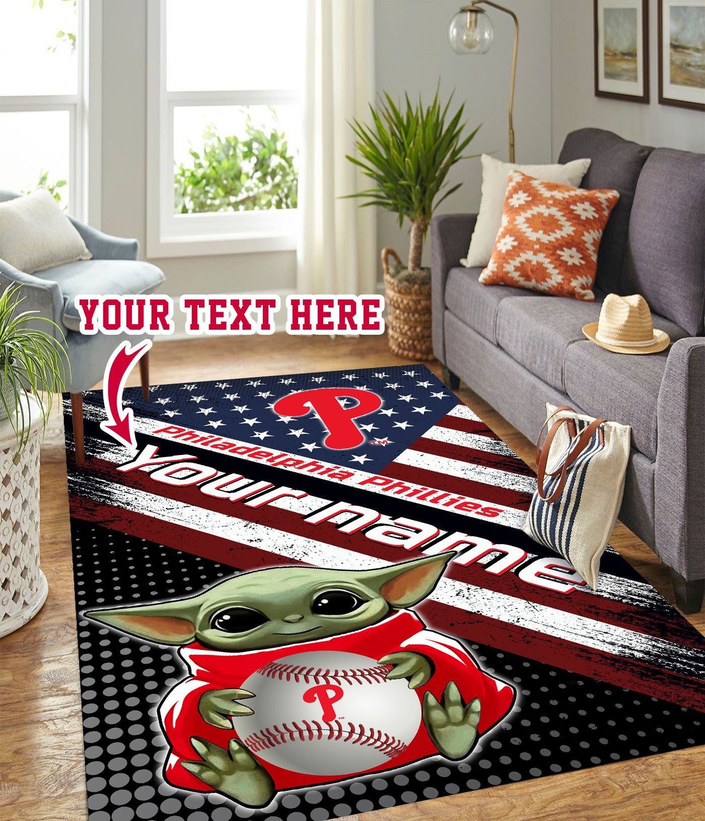 Baby Yoda Philadelphia Phillies Personalized Custom Rectangle Area Rug – Full Print Carpet For Living Room & Bedroom Home Decor