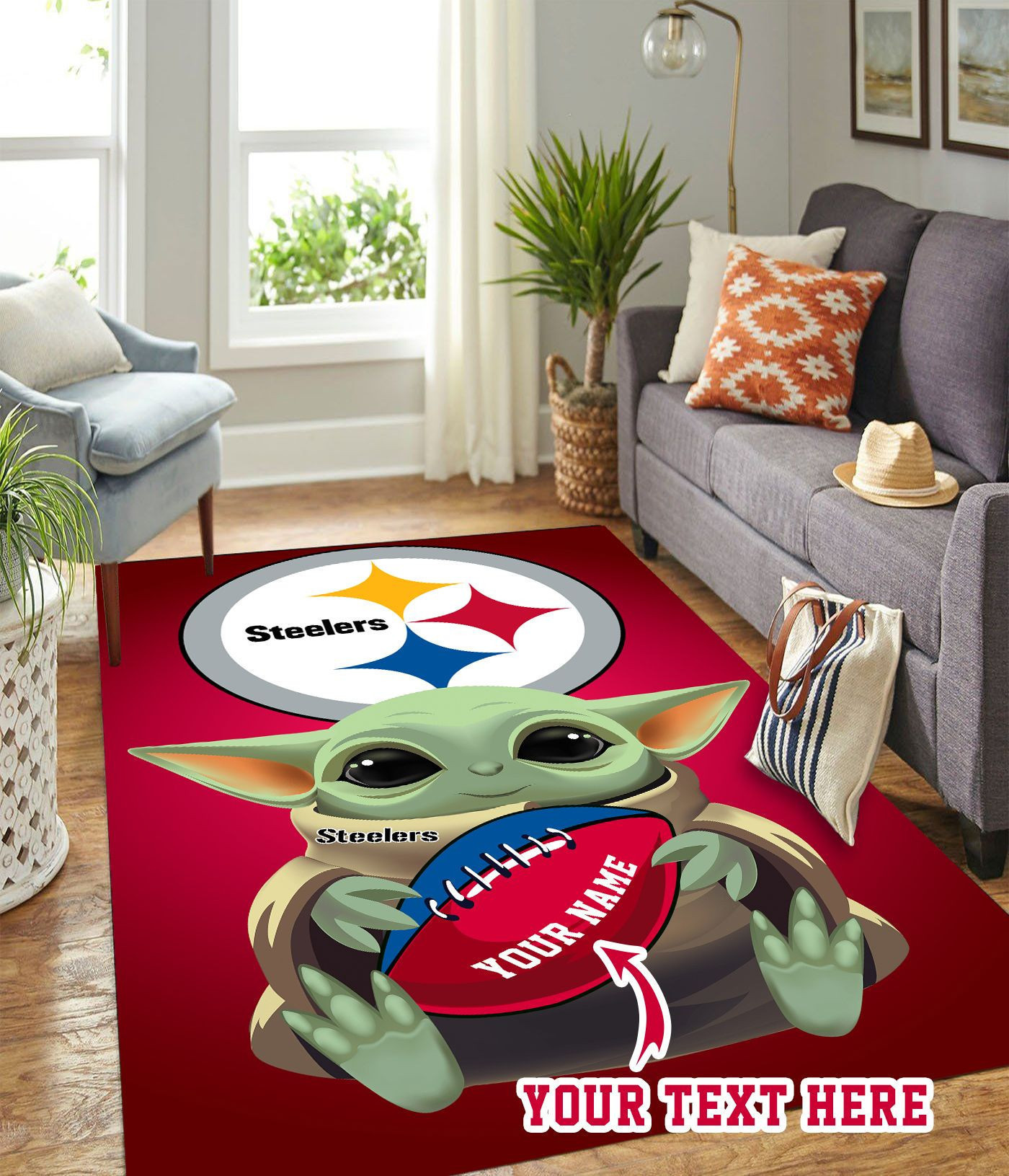 Baby Yoda Pittsburgh Steelers Personalized Custom Rectangle Area Rug – Full Print Carpet For Living Room & Bedroom Home Decor