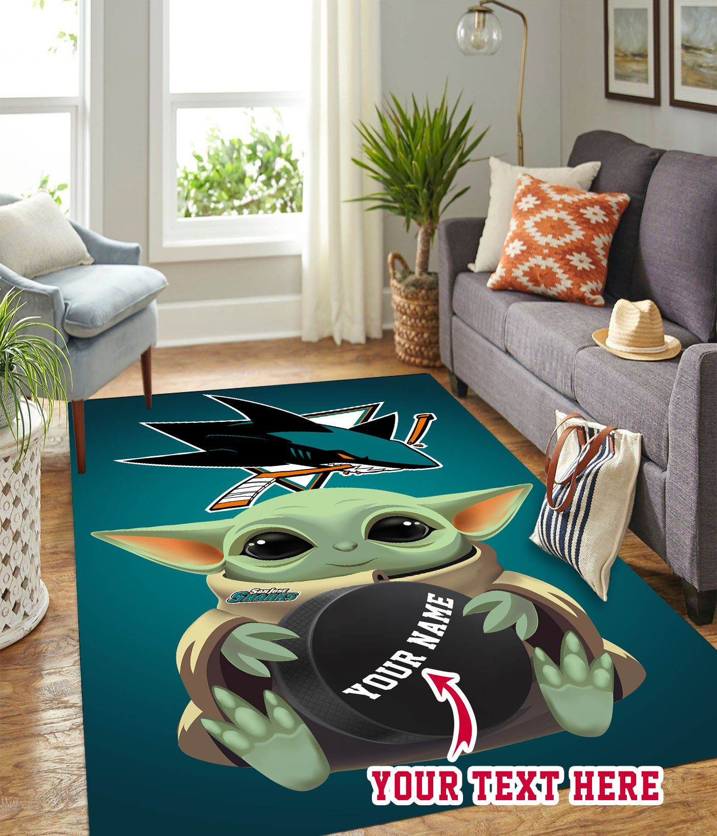 Baby Yoda San Jose Sharks Personalized Custom Rectangle Area Rug – Full Print Carpet For Living Room & Bedroom Home Decor
