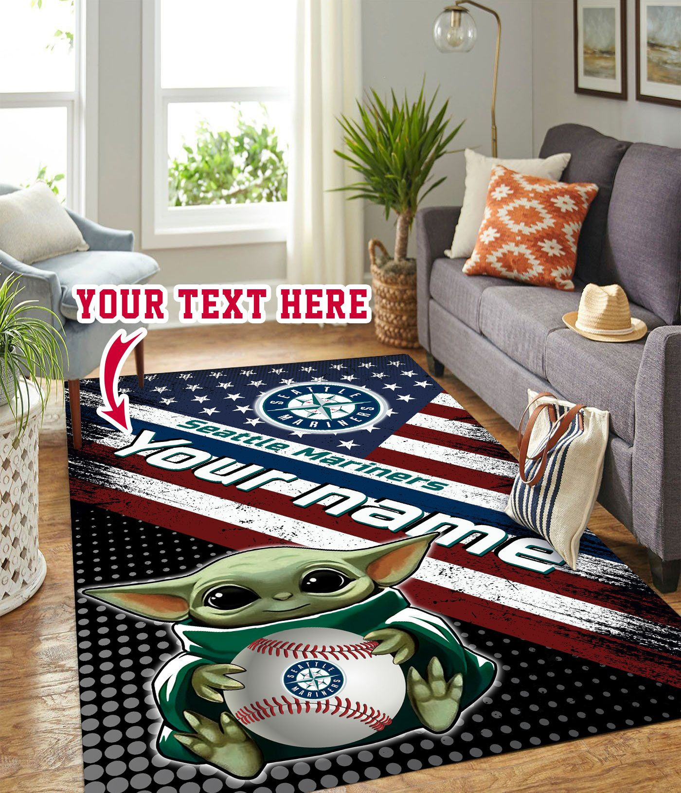 Baby Yoda Seattle Mariners Personalized Custom Rectangle Area Rug – Full Print Carpet For Living Room & Bedroom Home Decor