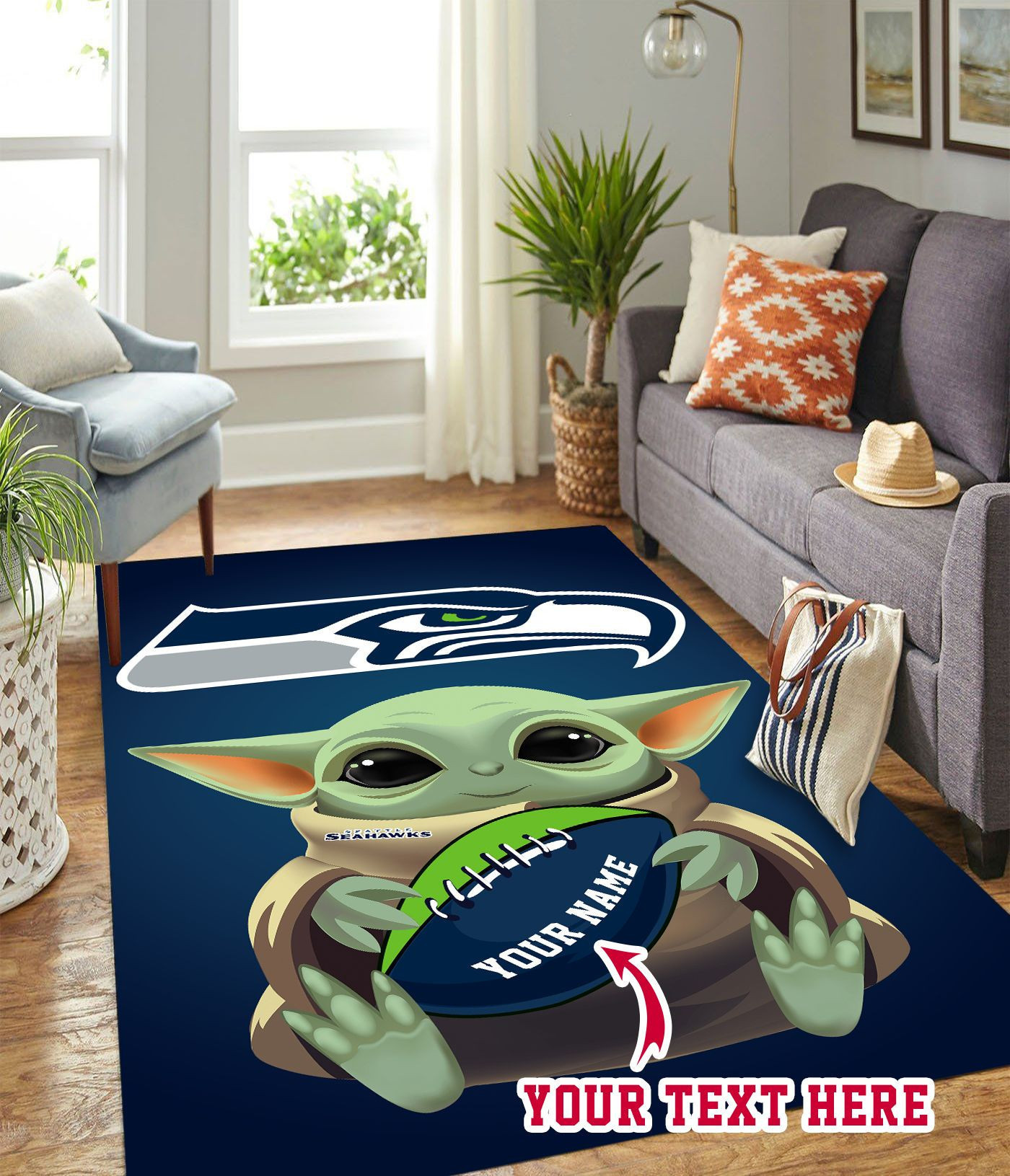 Baby Yoda Seattle Seahawks Personalized Custom Rectangle Area Rug – Full Print Carpet For Living Room & Bedroom Home Decor