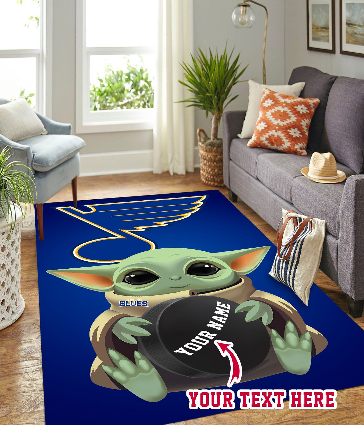 Baby Yoda St. Louis Blues Personalized Custom Rectangle Area Rug – Full Print Carpet For Living Room & Bedroom Home Decor