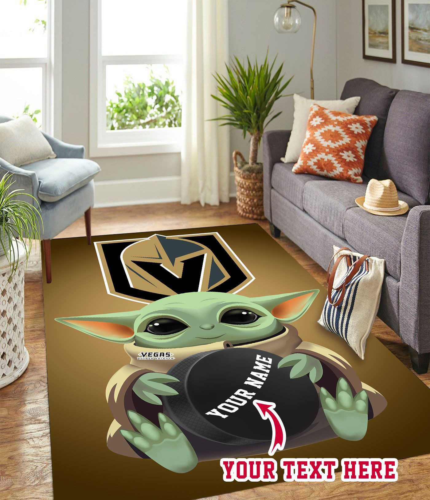 Baby Yoda Vegas Golden Knights Personalized Custom Rectangle Area Rug – Full Print Carpet For Living Room & Bedroom Home Decor