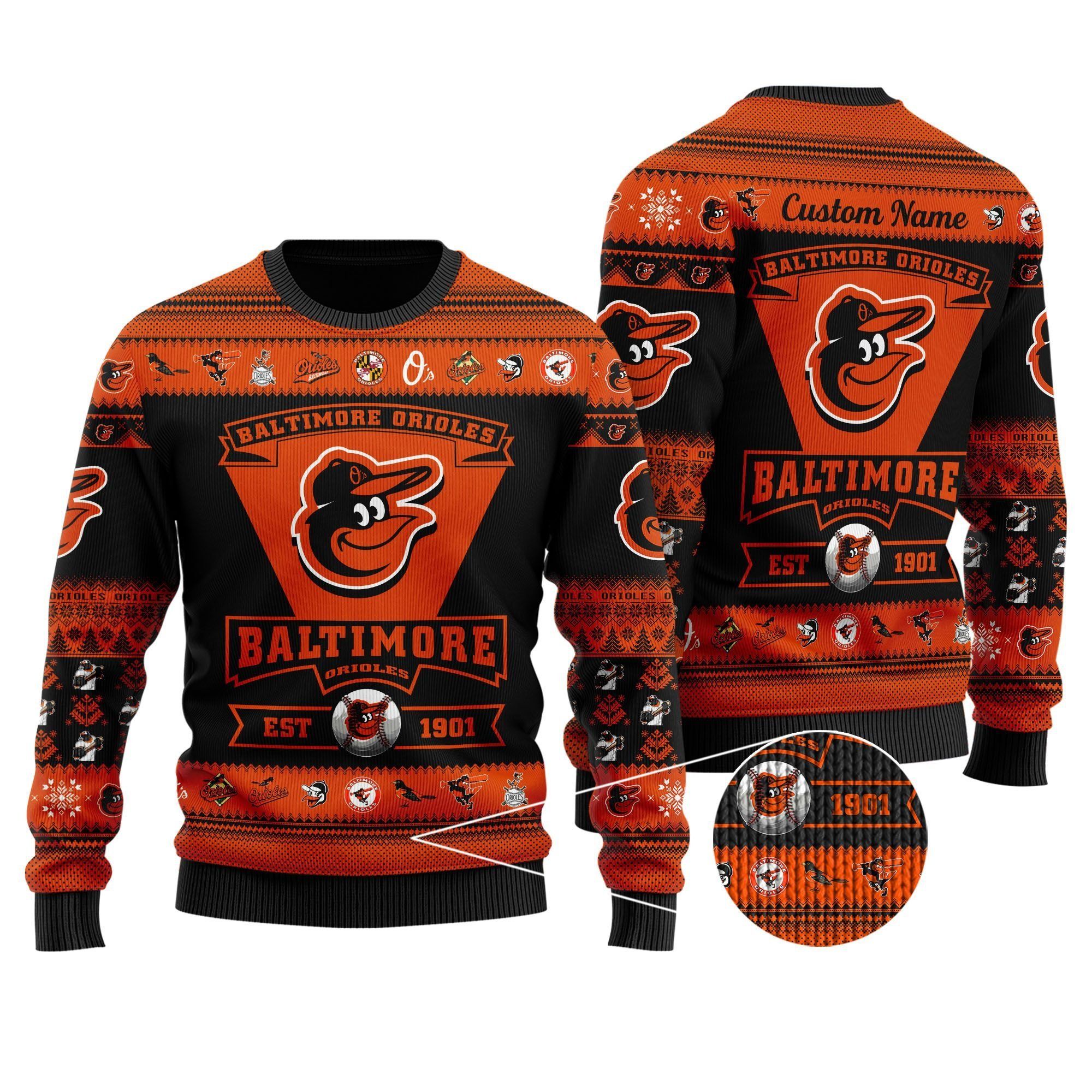 Baltimore Orioles Football Team Logo Custom Name Personalized Ugly Christmas Sweater Holiday Party Men Women Plus Size