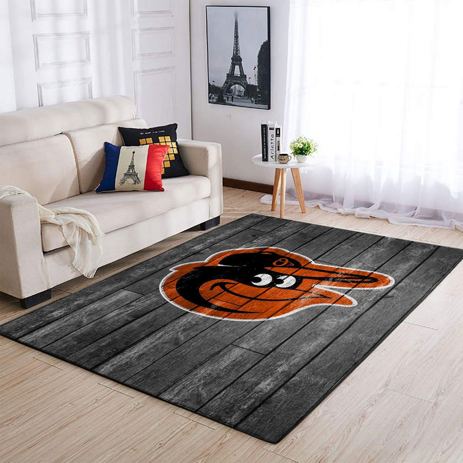 Baltimore Orioles Team Logo Grey Wooden Rectangle Area Rug – Full Print Carpet For Living Room & Bedroom Home Decor