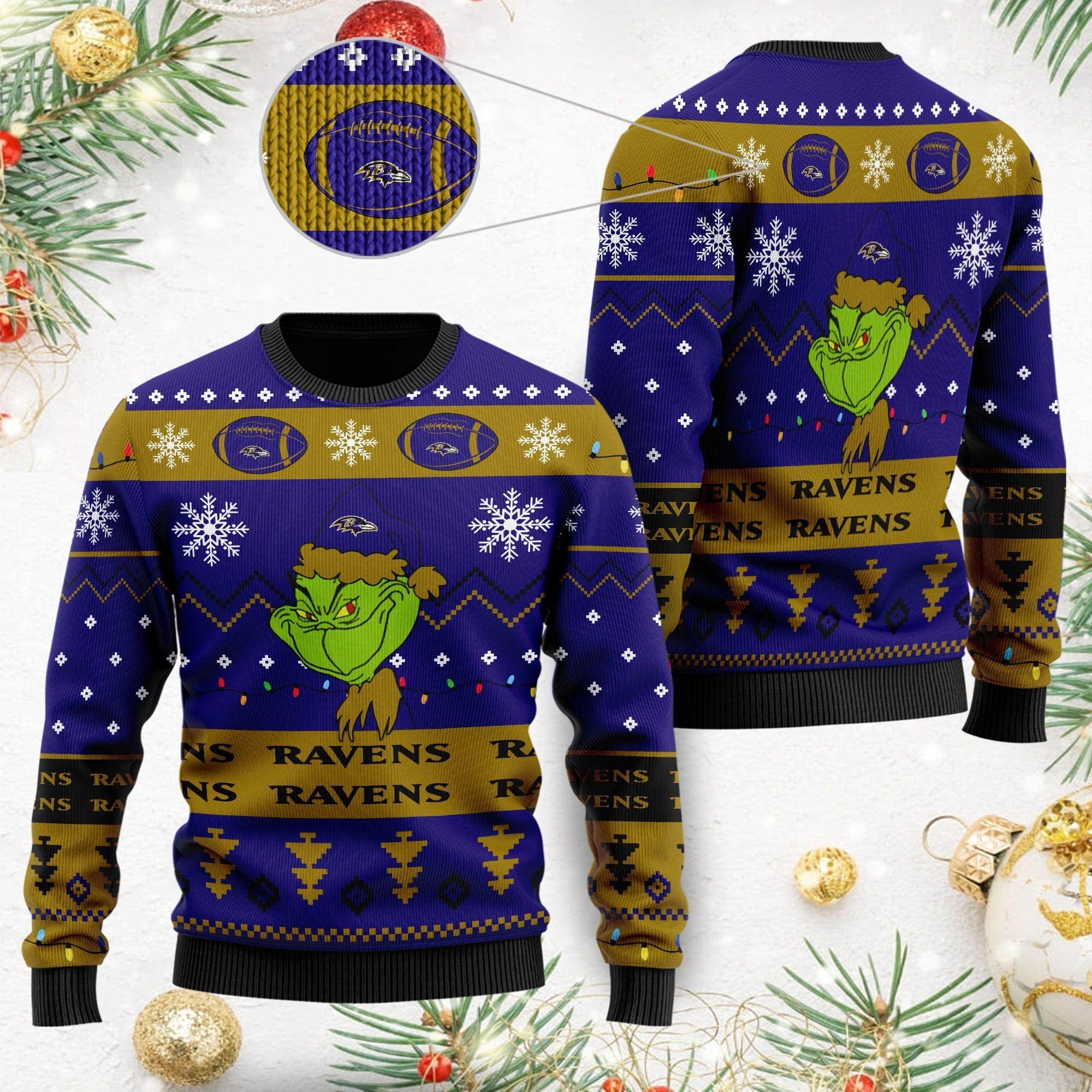 Baltimore Ravens American NFL Football Team Logo Cute Grinch 3D Men And Women Ugly Christmas Sweater For Sport Lovers On Christmas Days