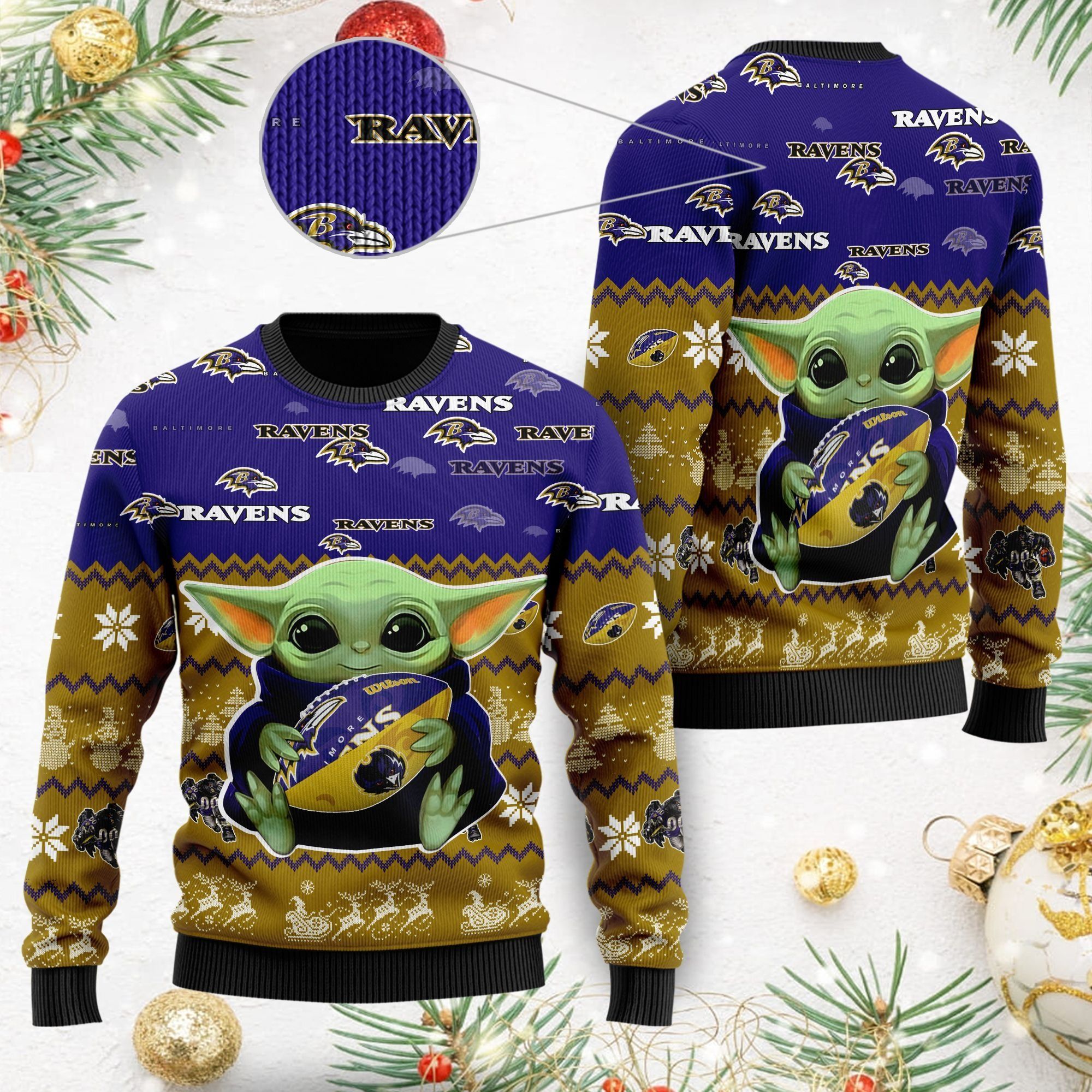 Baltimore Ravens Baby Yoda Ugly Christmas Sweater For American Football Fans