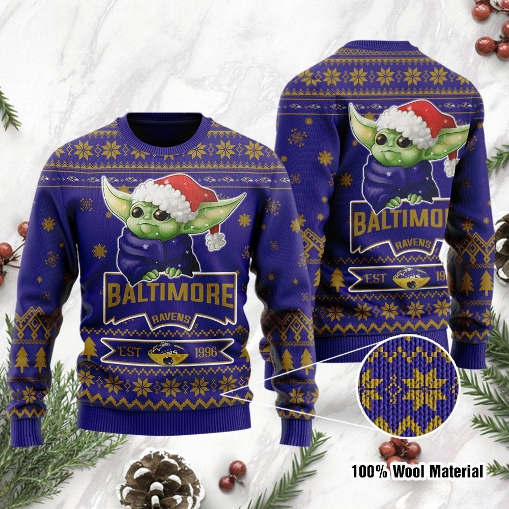 Baltimore Ravens Cute Baby Yoda Grogu Ugly Christmas Sweater Holiday Party Men Women Full Plus Size