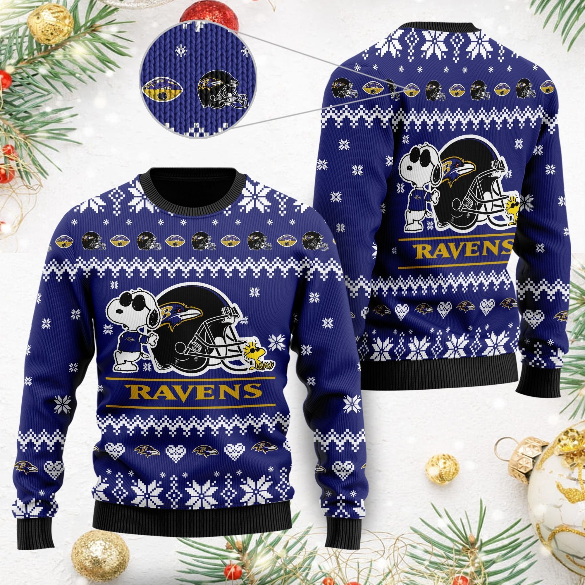Baltimore Ravens Cute The Snoopy Show Football Helmet 3D All Over Print Ugly Christmas Sweater For American Football Players And Fans On Christmas Days