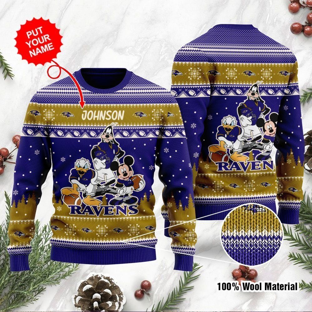 Baltimore Ravens Disney Donald Duck Mickey Mouse Goofy Custom Name Personalized Ugly Christmas Sweater Holiday Party For Men Women