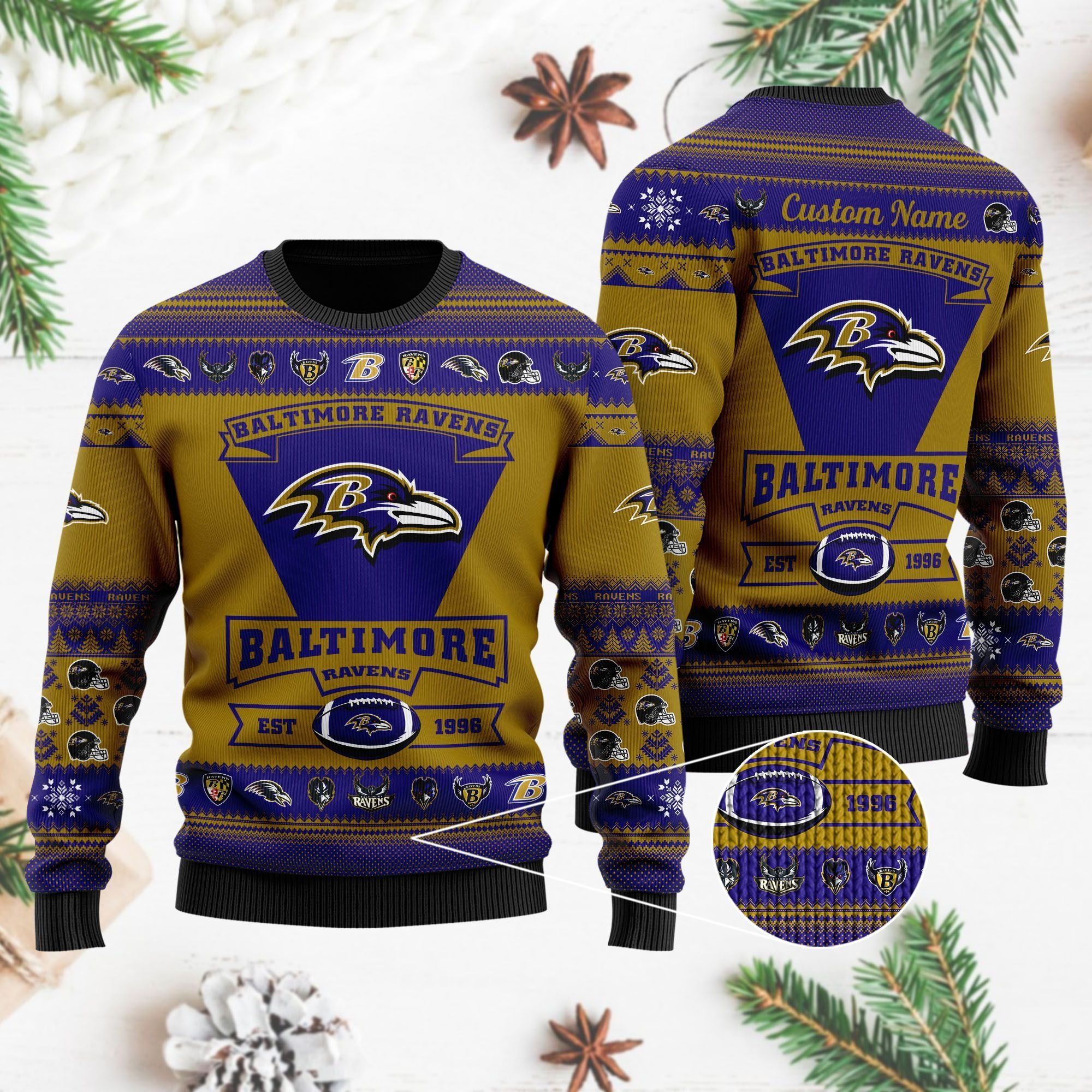 Baltimore Ravens Football Team Logo Custom Name Personalized Ugly Christmas Sweater Holiday Party Men Women Plus Size