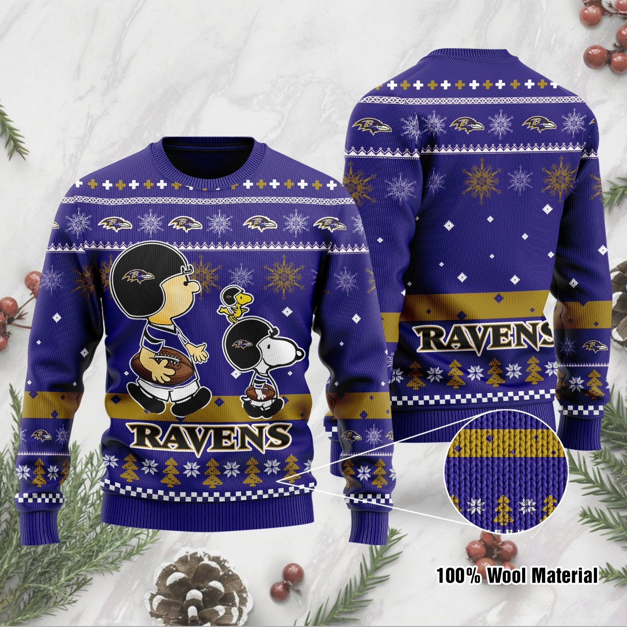 Baltimore Ravens Funny Charlie Brown Peanuts Snoopy Ugly Christmas Sweater Holiday Party Men Women Plus Size