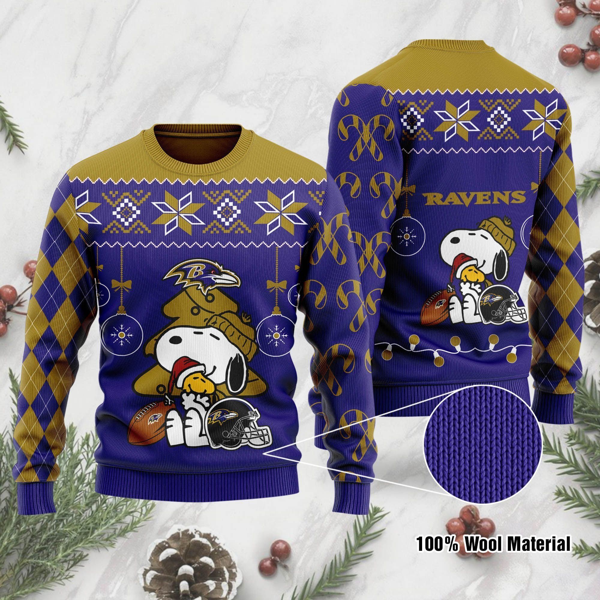 Baltimore Ravens Funny Charlie Brown Peanuts Snoopy Ugly Christmas Sweater Holiday Party Men Women Plus Size
