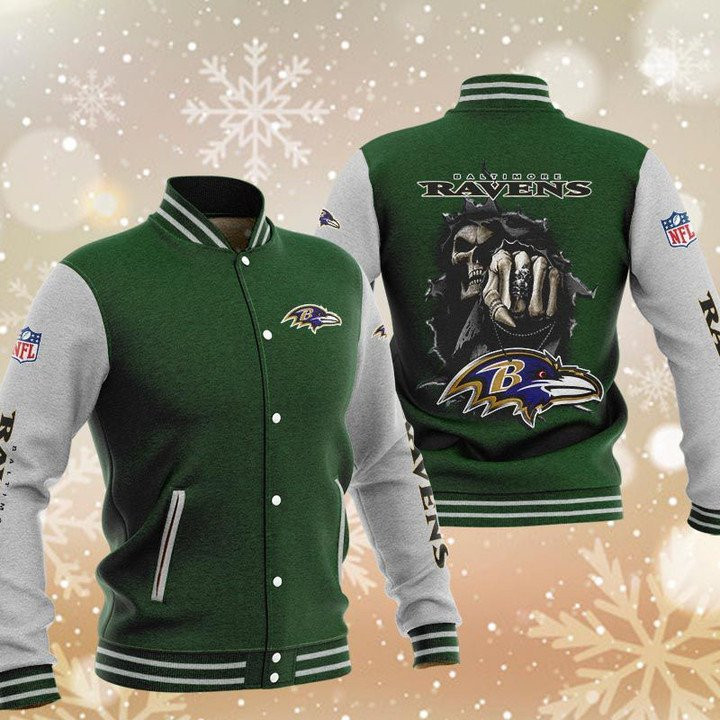 Baltimore Ravens Green Skull Varsity Baseball Jacket for Men & Women | NFL Team Fan Gift