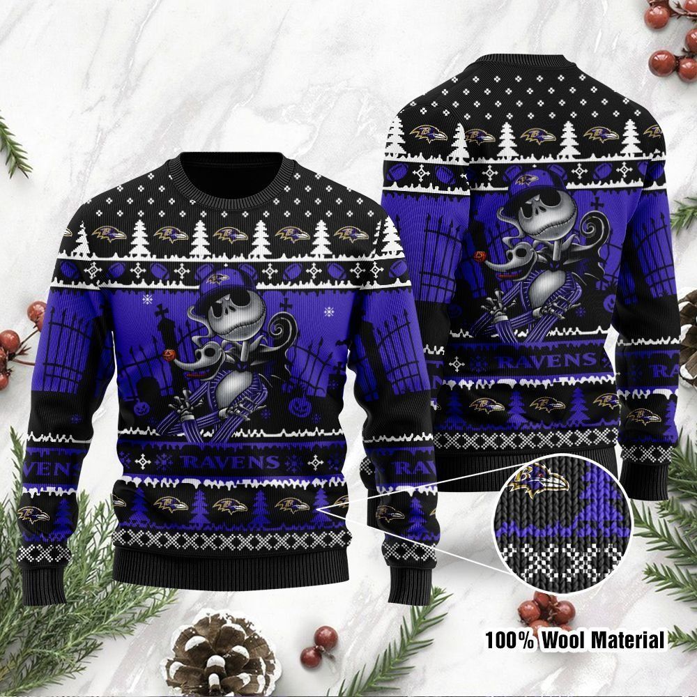 Baltimore Ravens Jack Skellington Halloween Ugly Christmas Sweater Holiday Party Men Women Full Plus Size