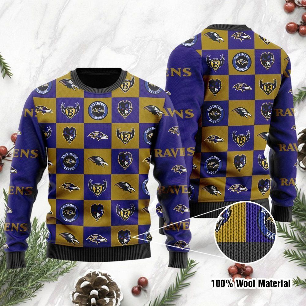 Baltimore Ravens Logo Checkered Flannel Design Ugly Christmas Sweater