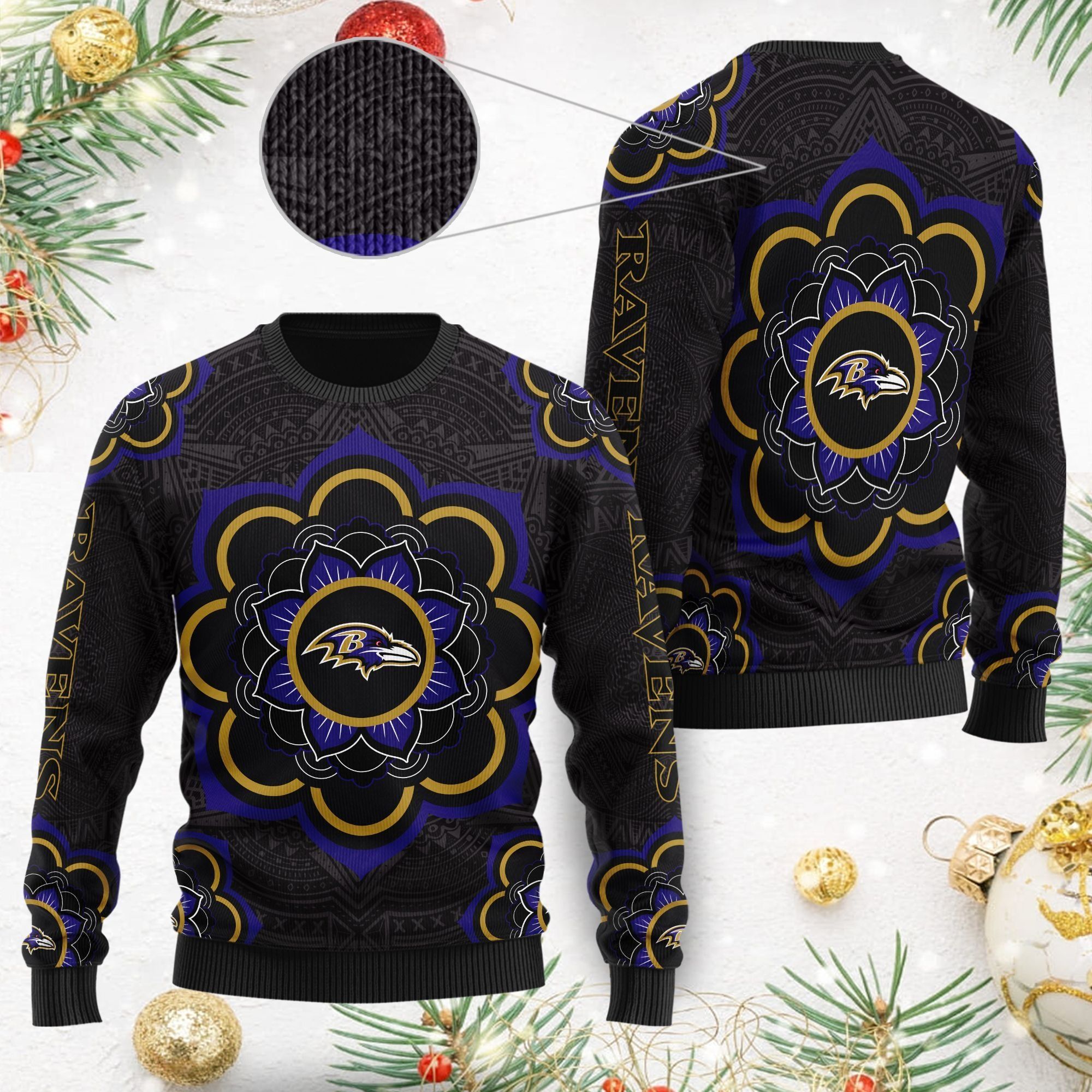Baltimore Ravens Mandala Logo Ugly Christmas Sweater NFL Football Fans On Xmas