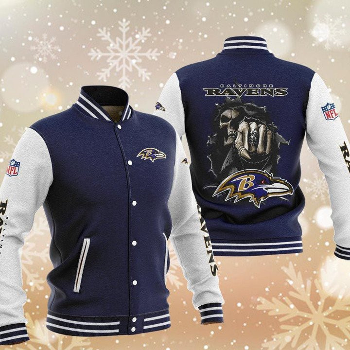 Baltimore Ravens Navy Skull Varsity Baseball Jacket for Men & Women | NFL Team Fan Gift