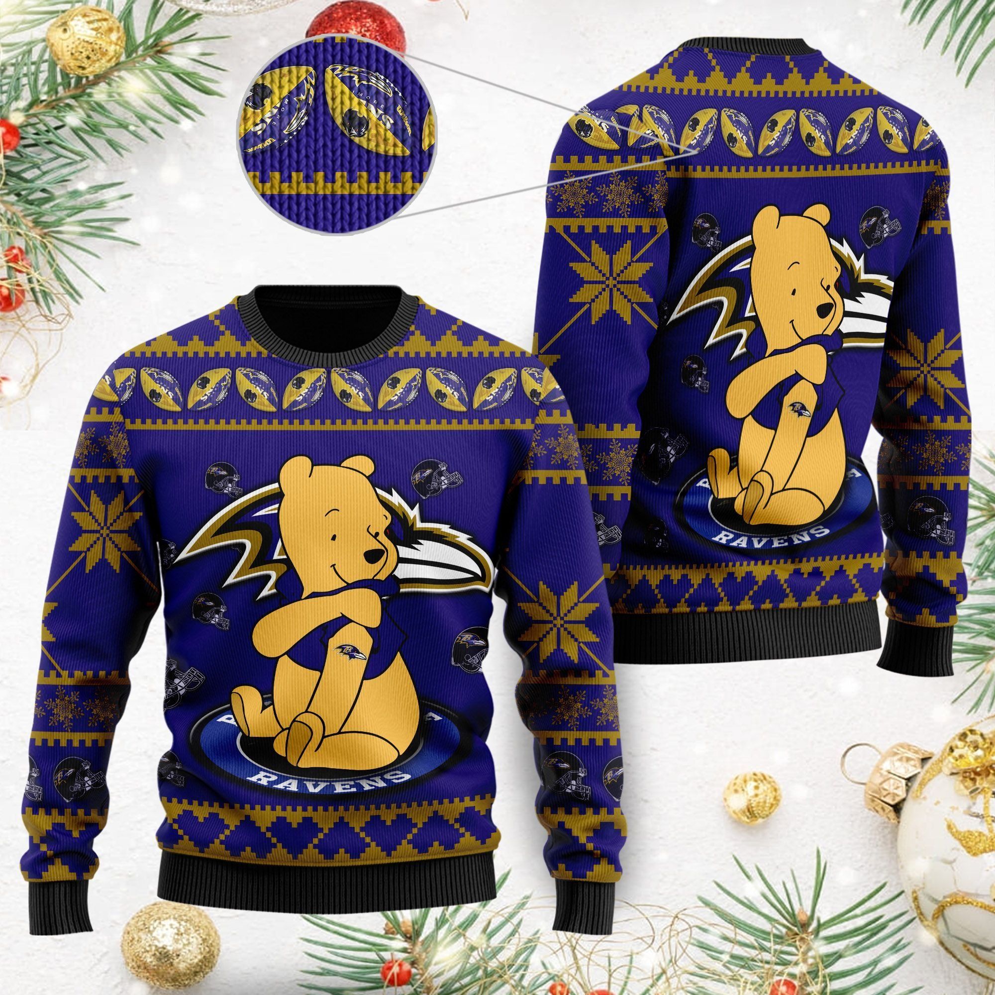 Baltimore Ravens NFL American Football Team Logo Cute Winnie The Pooh Bear 3D Ugly Christmas Sweater
