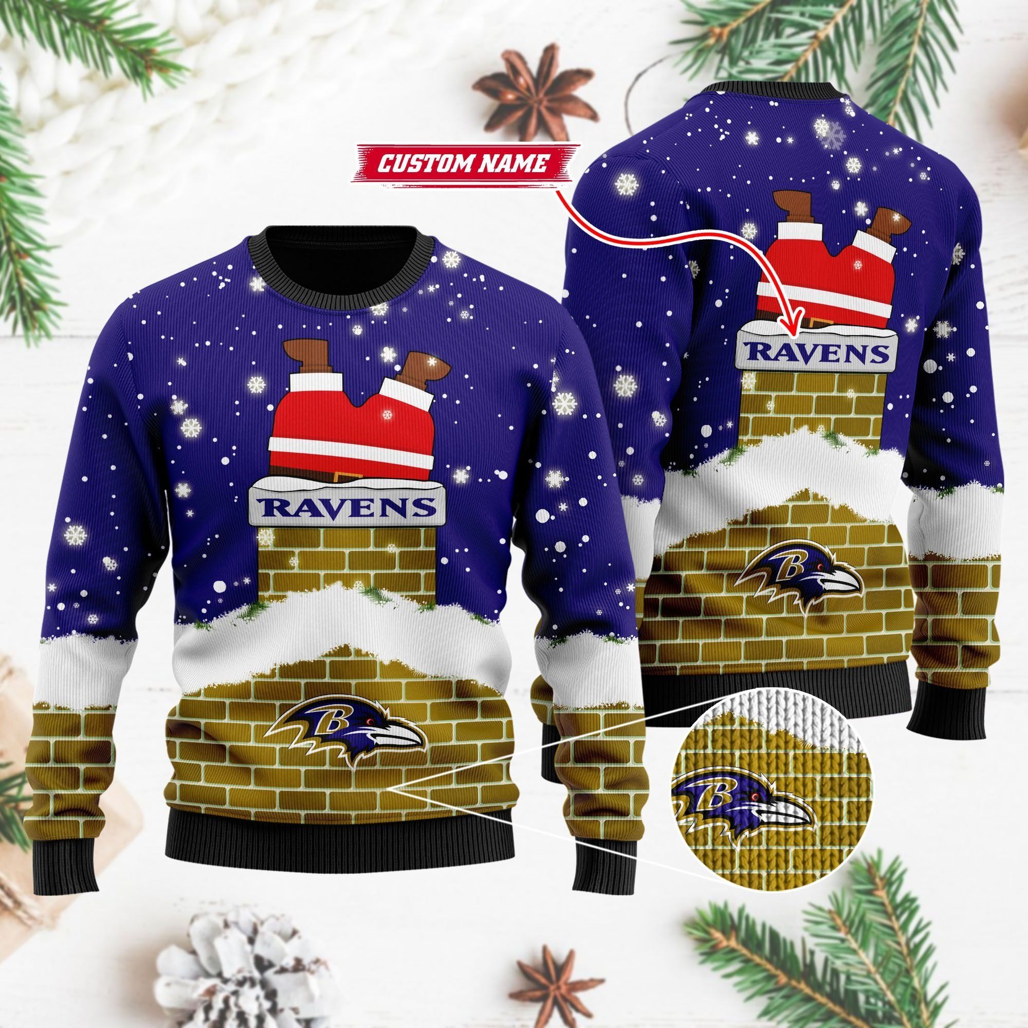 Baltimore Ravens NFL Football Team Logo Symbol Santa Claus Custom Name Personalized 3D Ugly Christmas Sweater
