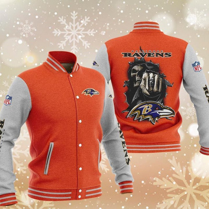 Baltimore Ravens Orange Skull Varsity Baseball Jacket for Men & Women | NFL Team Fan Gift