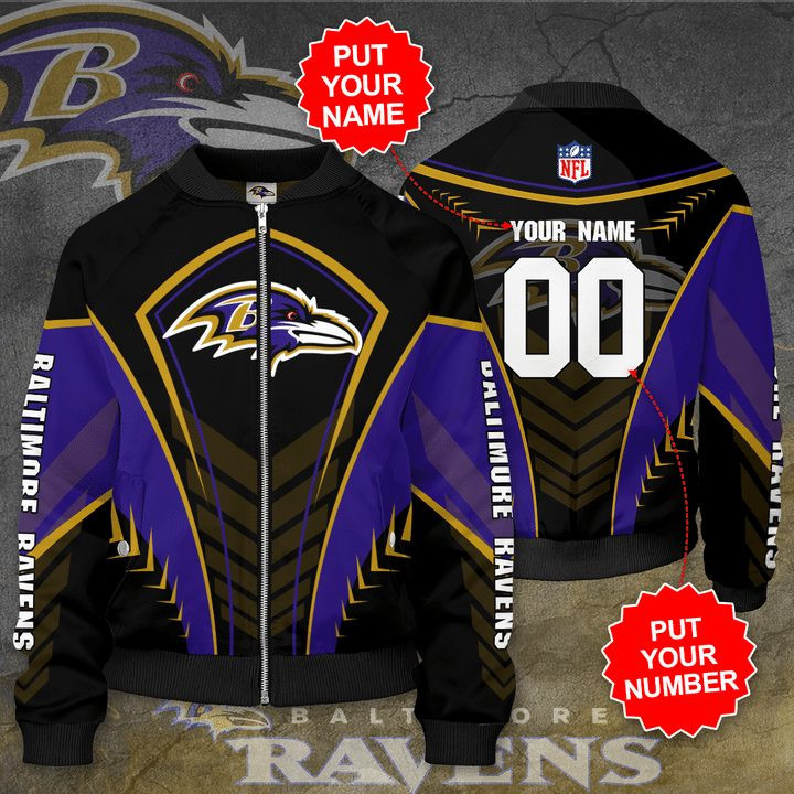 Baltimore Ravens Personalized Name Number Black Purple Bomber Jacket | NFL Team Jacket for Men & Women | Football Fan Gift