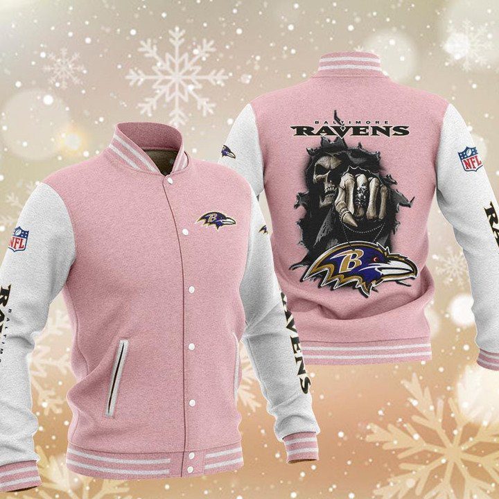 Baltimore Ravens Pink Skull Varsity Baseball Jacket for Men & Women | NFL Team Fan Gift