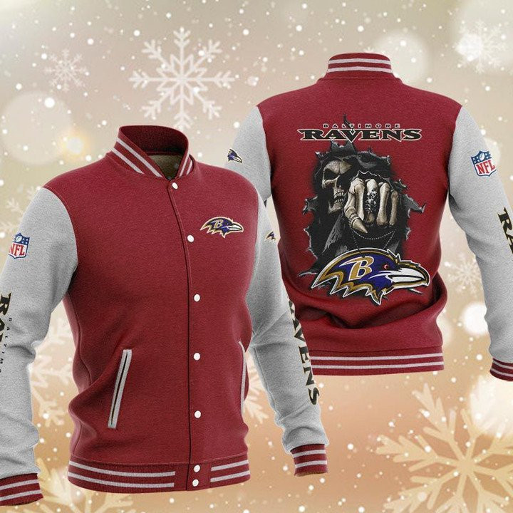 Baltimore Ravens Red Skull Varsity Baseball Jacket for Men & Women | NFL Team Fan Gift