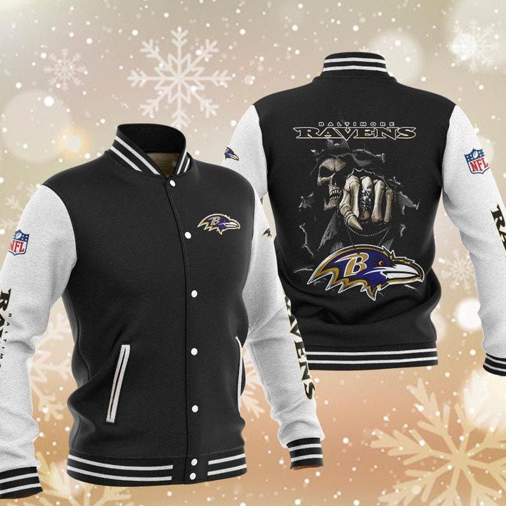 Baltimore Ravens Skull Varsity Baseball Jacket for Men & Women | NFL Team Fan Gift