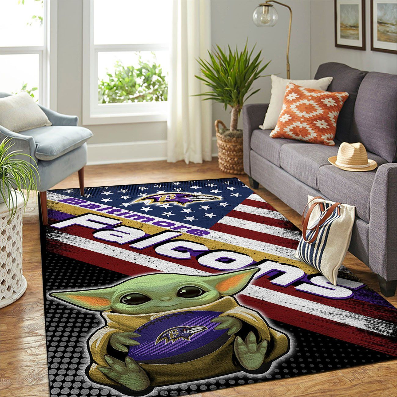 Baltimore Ravens Team Logo Baby Yoda Us Rectangle Area Rug – Full Print Carpet For Living Room & Bedroom Home Decor