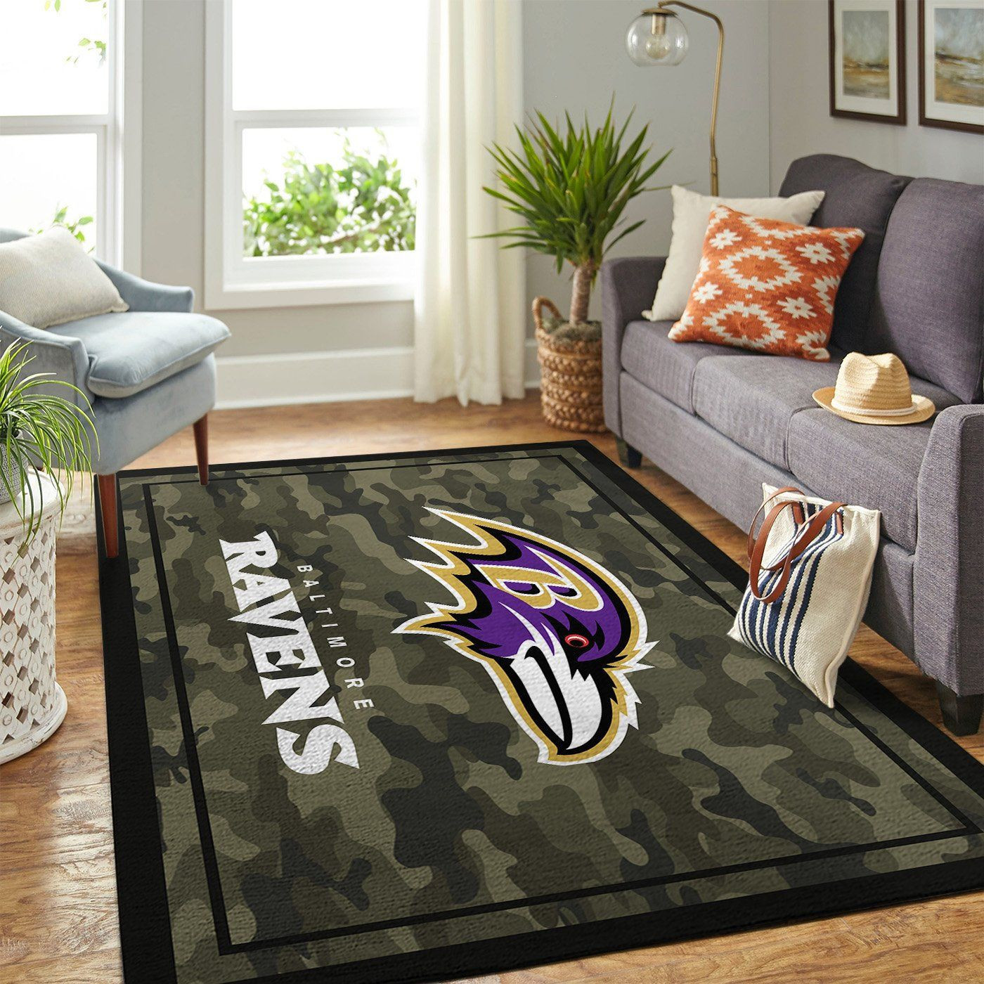 Baltimore Ravens Team Logo Camo Rectangle Area Rug – Full Print Carpet For Living Room & Bedroom Home Decor
