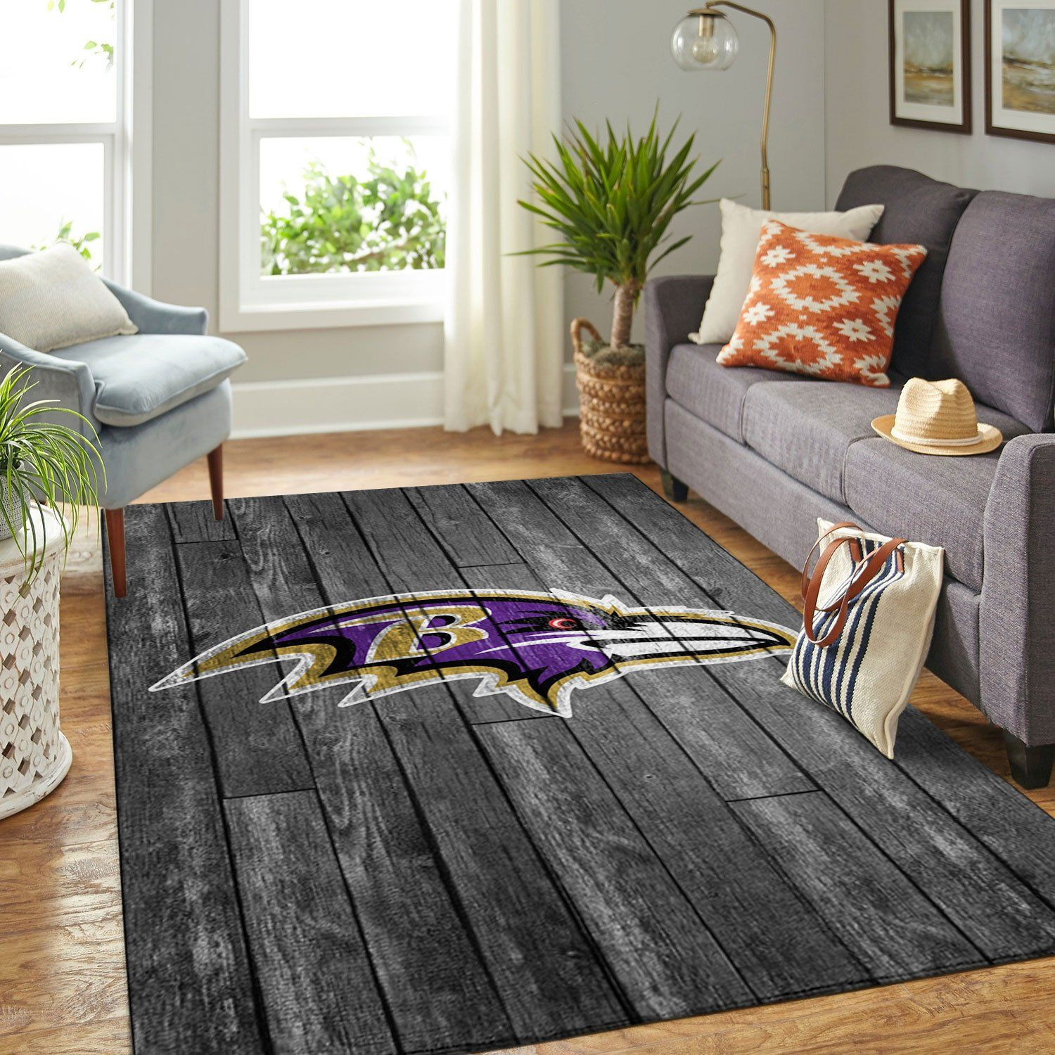 Baltimore Ravens Team Logo Grey Wooden Rectangle Area Rug – Full Print Carpet For Living Room & Bedroom Home Decor