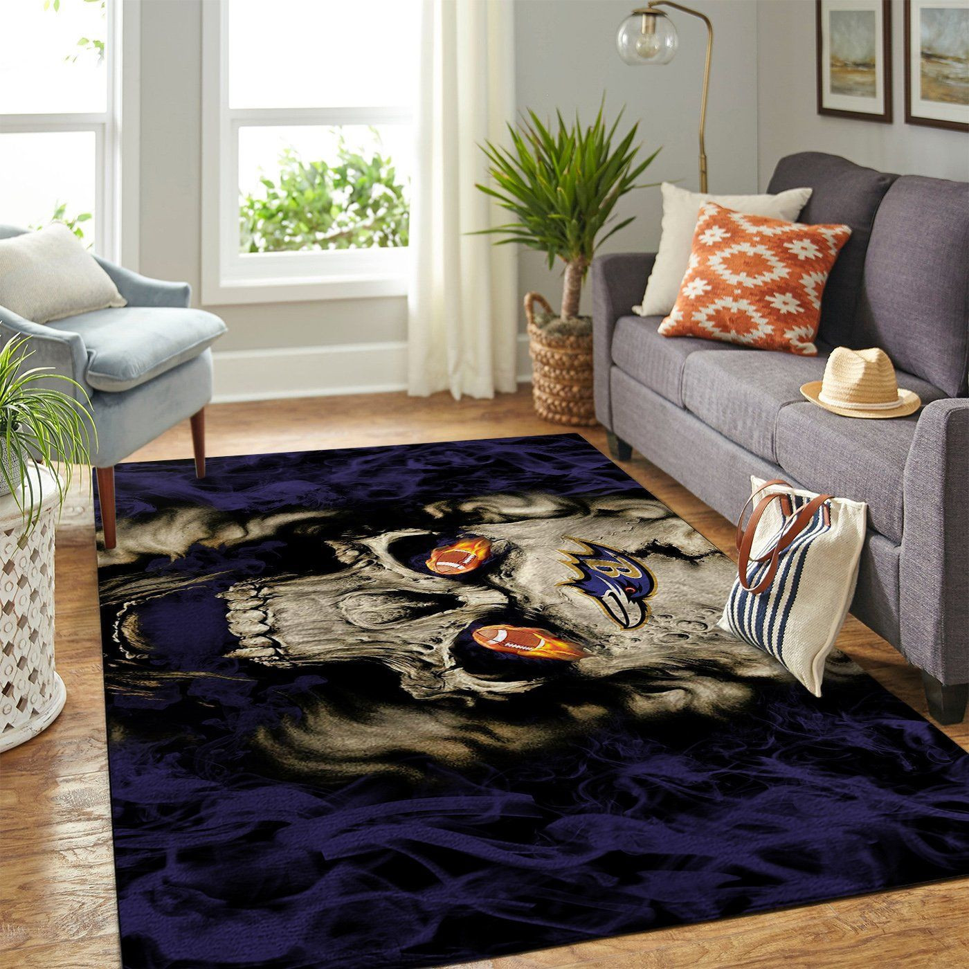 Baltimore Ravens Team Logo Skull Rectangle Area Rug – Full Print Carpet For Living Room & Bedroom Home Decor