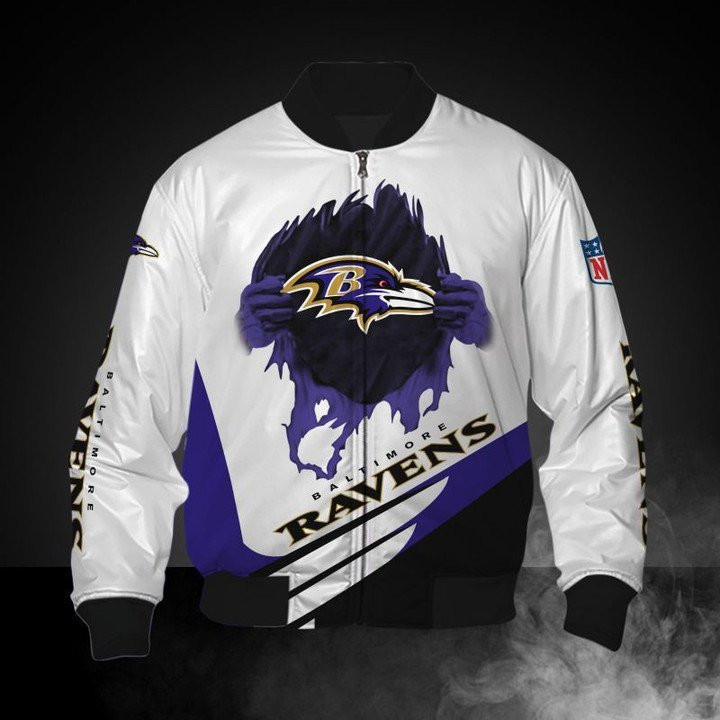 Baltimore Ravens White Purple Bomber Jacket | NFL Team Jacket for Men & Women | Football Fan Gift