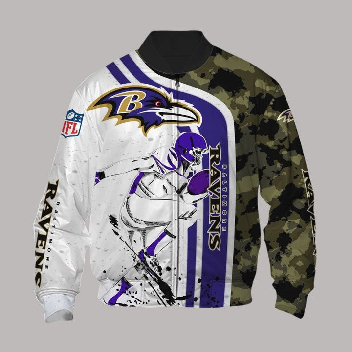 Baltimore Ravens White Purple Camo Bomber Jacket | NFL Team Jacket for Men & Women | Football Fan Gift
