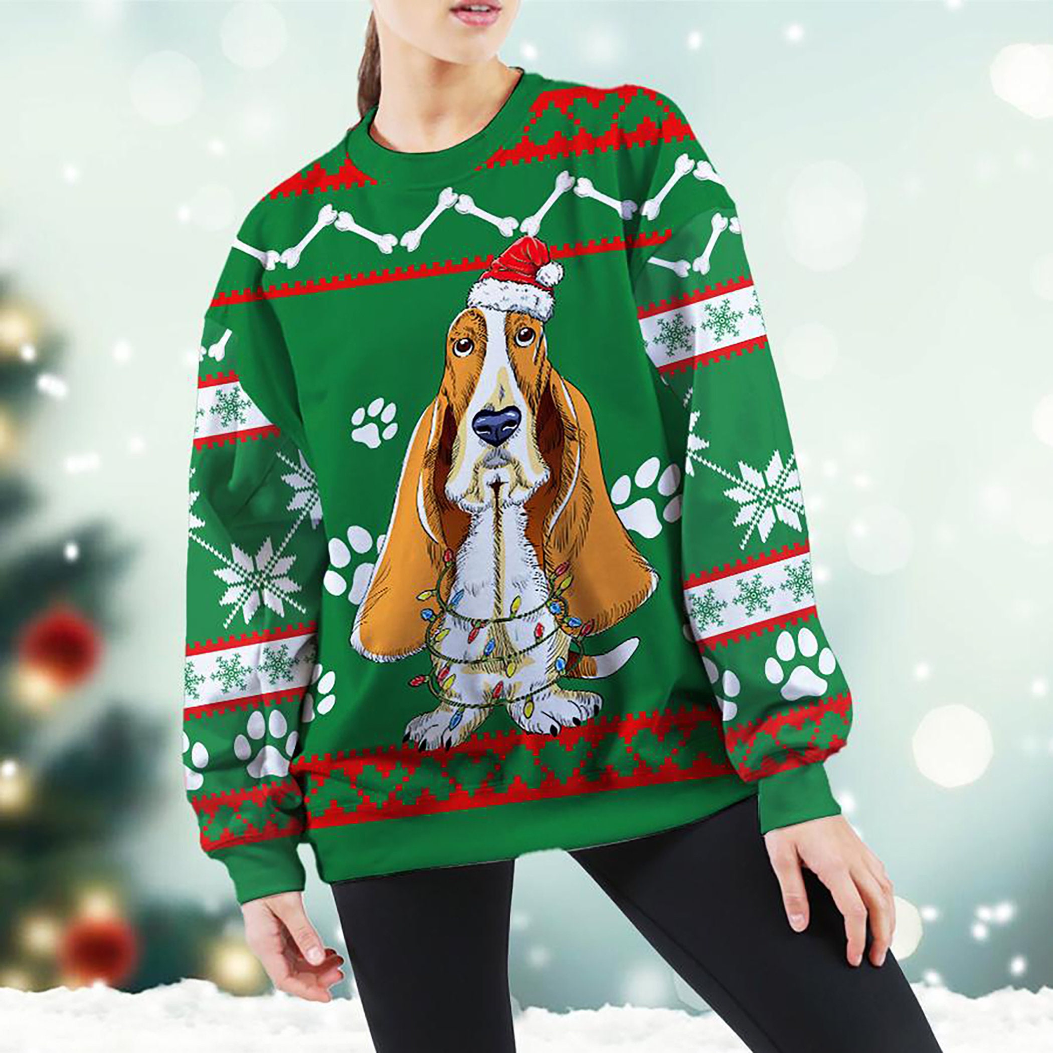 Basset Hound Green Ugly Christmas Sweater