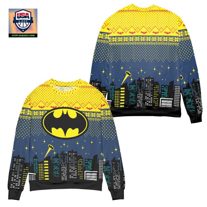 Batman Logo City Nights Ugly Christmas Sweater Blue Yellow