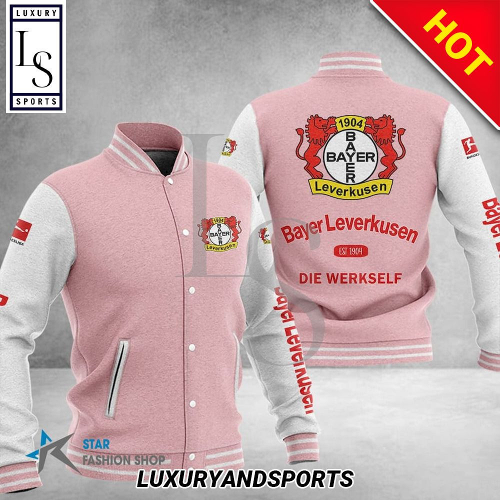 Bayer Leverkusen Pink White Varsity Baseball Jacket for Men & Women | Soccer Team Fan Gift