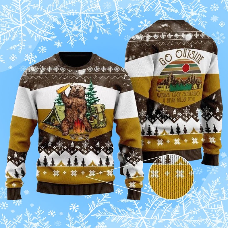 Bear Beer Campfire Ugly Christmas Sweater